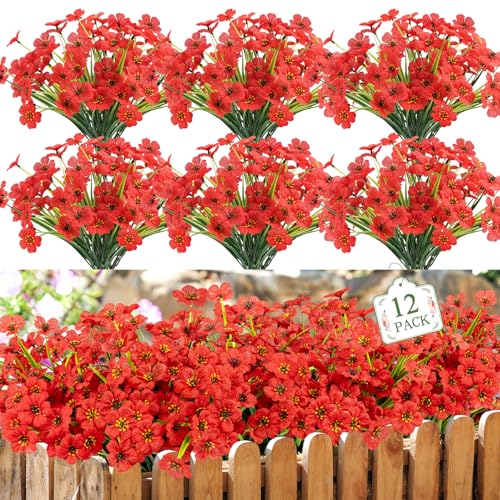 12 Bundles Red Artificial Flowers for Outdoors, UV Resistant Faux Plants - color: Red, size: 12 PCS