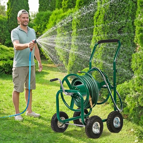 FDW Garden Hose Reel Cart, Water Hose Cart with 4 Wheels, Hold Up to 300 ft of 5/8’’ Hose，Heavy Duty Powder-Coated Steel Planting with Storage Basket, for Garden, Yard and Lawn - color: Green