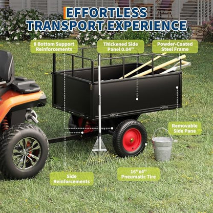 750 LBS Capacity ATV Trailer Tow Behind Steel Dump Cart | 17 Cubic Feet Heavy Duty Steel Utility Trailer with Removable Sides & All-Terrain Tires | for Lawn Tractor, ATV, Garden Mower