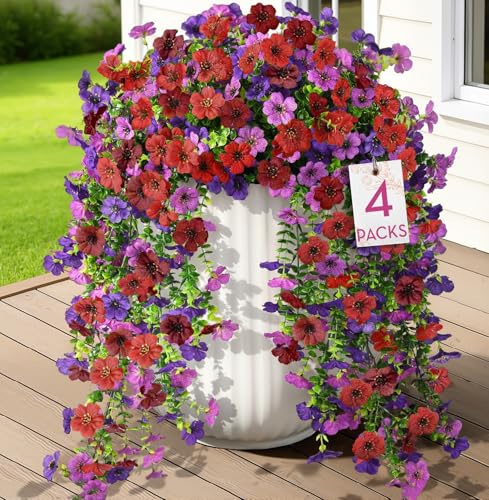 Alupssuc 4PCS Artificial Hanging Flowers UV Resistant Silk Daisy, 4 Colors - color: Red Brown Purple Deep Purple