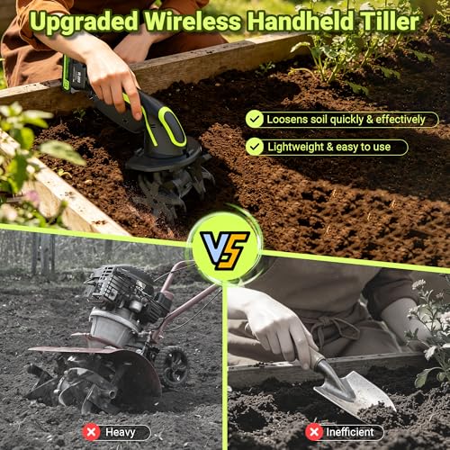 21V Cordless Tiller Cultivator for Gardening, Electric Garden Tiller Hand Tiller with 5.0Ah*2 Battery, Ergonomic Lightweight Handheld for Lawn Soil