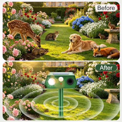 2026 Upgraded Solar Ultrasonic Animal Repeller Outdoor, Waterproof Motion Activated Repellent with Flash Light for Deer Cat Squirrel Raccoon Rabbit Dog Garden Yard-4 Pack - size: 4PCS-02