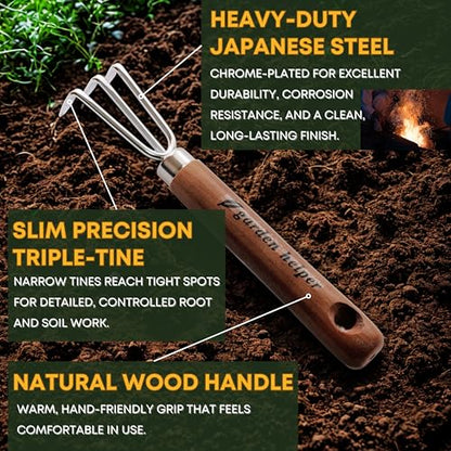 Mini Hand Cultivator Garden Tool 3 Claws - Heavy Duty Japanese Steel with Wood Handle - Small Rake Tiller for Aerating Soil, Digging, and Weeding - Made in Japan - color: Brown Cultivator (Mini)