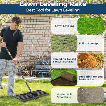 Professional Lawn Leveling Rake 30x10 Heavy Duty - Oversized Leveling Tool with 80" Stainless Steel Handle, Foldable Landscape Grading Rake for Soil Sand Topdressing & Seeding - size: 30x10"(Foldable), 80"