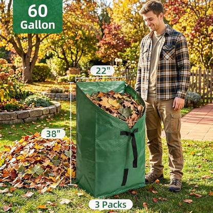 3 Pack 60 Gallon Leaf Collector Bags, Heavy Duty Leaf Pick Up Tool with Fiberglass Support Frame, Reusable Lawn Leaf Pickup Bags, Collapsible Yard Waste Bags for Leaf Cleanup Grass Clippings Debris