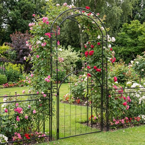 Moccha 84'' Garden Arbor with Gate - Outdoor Arbor Trellis for Climbing Plants, Roses, Vines, Outside Pergola Planter, Metal Pathway Decoration, Wedding Arch for Party Ceremony Patio Entrance - size: 45” L x 17”W x 84”H