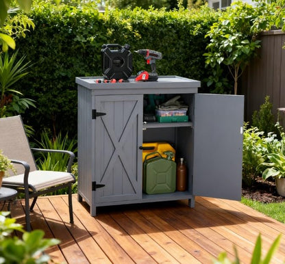 Wood Outdoor Storage Box and Deck Box with Galvanized Metal Top, Farmhouse Style Patio Cabinet with Shelves for Yard Tools & Cushions, Weather-Resistant Finish, 31.5 x 17.8 x 36.3 Inches, Grey - color: Grey - 31.50 X 17.80 X 36.30 Inch