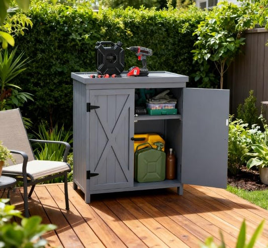 Wood Outdoor Storage Box and Deck Box with Galvanized Metal Top, Farmhouse Style Patio Cabinet with Shelves for Yard Tools & Cushions, Weather-Resistant Finish, 31.5 x 17.8 x 36.3 Inches, Grey - color: Grey - 31.50 X 17.80 X 36.30 Inch