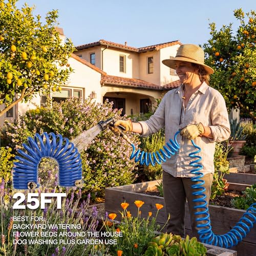 25FT Blue EVA Coil Garden Hose with Metal Fittings - color: Blue, size: 25 feet