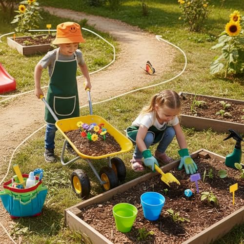 Toddler Metal Wheelbarrow for Kids Gardening Tool 12 PCS Set(Yellow Set) - color: Yellow Set