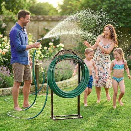 Heavy Duty Garden Hose Holder Stand, Freestanding Detachable with 4 Anchor Spikes, Storage Basket, Rustproof Steel, for Yard Lawn Patio