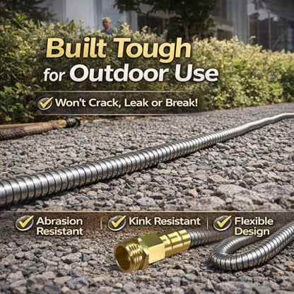Short Metal Garden Hose 15 ft – 304 Stainless Steel Water Hose with 3/4’’ Brass Fitting, Garden Hoses Flexible, Lightweight, No Kink, Heavy Duty for Outdoor (15 ft) - size: 15 feet