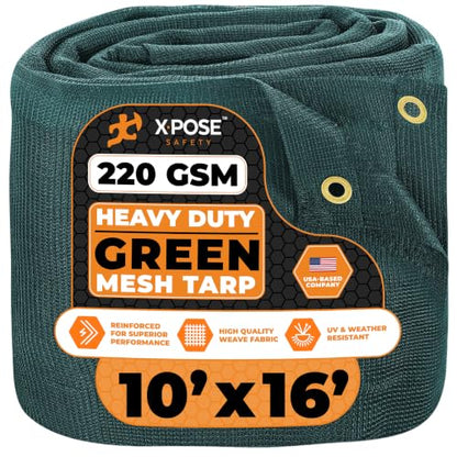 Xpose Safety Heavy Duty Green Mesh Tarp 10' x 16' – 70% Sunblock Shade Cloth with Grommets for Garden, Fence, Privacy Screen, Canopies, Dump Trucks, Pool Cover – Tear & Weather Resistant - color: Green, size: 10' X 16'