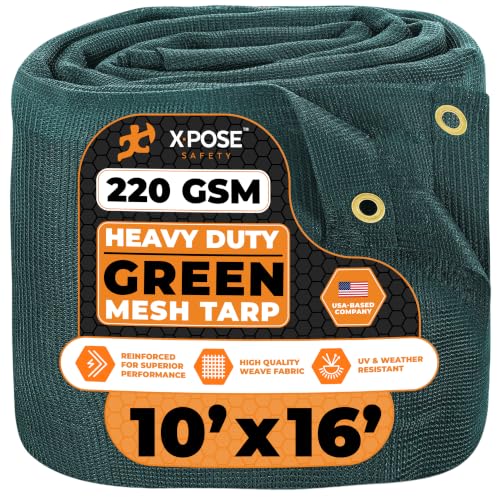 Xpose Safety Heavy Duty Green Mesh Tarp 10' x 16' – 70% Sunblock Shade Cloth with Grommets for Garden, Fence, Privacy Screen, Canopies, Dump Trucks, Pool Cover – Tear & Weather Resistant - color: Green, size: 10' X 16'