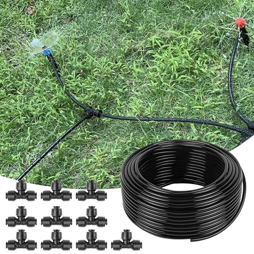 100FT 1/4 Inch Drip Irrigation Tubing with 10 Pack Push-to-Connect 1/4" Tee Connectors, Distribution Drip Line Hose & Universal Tee Fitting, for Drip Irrigation Parts or Drip System and Misting System - color: 100FT, size: 1/4" Tubing