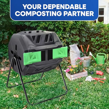 PLASTIC PRINCE Compost Tumbler Rotating Garden Compost Bin Outdoor Dual Chamber 43 Gallon Backyard Composter Tumbling Barrel Mixer Outside, Large, Green - color: Black/Green