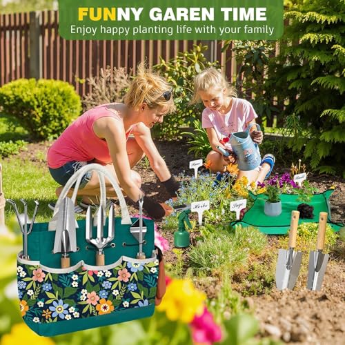 22Pcs Gardening Tools Set for Women Heavy Duty Garden Hand Tools Kit Birthday Gifts for Mom Wife Grandma Beginner Gardening Accessories with Tote Bag/Shovels/Repotting Mat/Plant Labels/Gloves - color: Dark Green