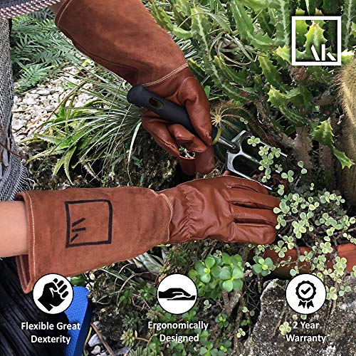 ArtAK Rose Pruning Long Gardening Gloves, Leather Gauntlet, Cut Proof Rose Gloves for Women & Men, Brown, Work Thorn Proof Glove for Rose Gardening - size: Medium