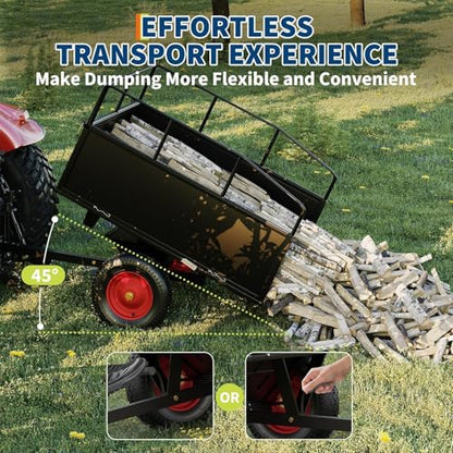 750 LBS Capacity ATV Trailer Tow Behind Steel Dump Cart | 17 Cubic Feet Heavy Duty Steel Utility Trailer with Removable Sides & All-Terrain Tires | for Lawn Tractor, ATV, Garden Mower