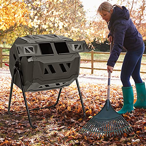 Goplus Compost Tumbler, 43 Gallon Rotating Compost Bin Barrel, Dual Chamber Tumbling Composter with Sliding Door, Gloves, Aeration System for Outdoor, Garden, Yard - color: Black, size: 43 Gallon