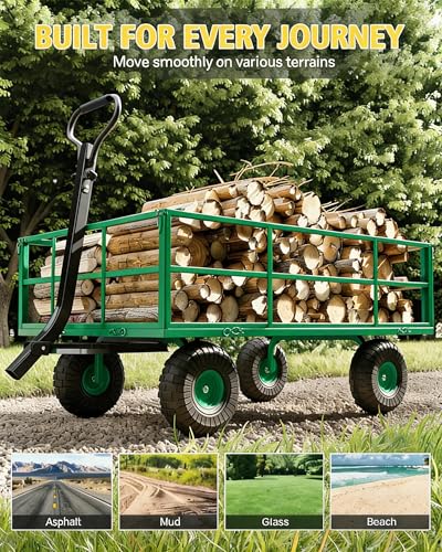 GarveeLife Heavy Duty Steel Garden Cart 1200 LBS Capacity 3 in 1 Pullable Garden Wagon with 13 in Wheels for Gardening Soil, Tools, and Plant Transport - color: Green, size: 1200 lbs