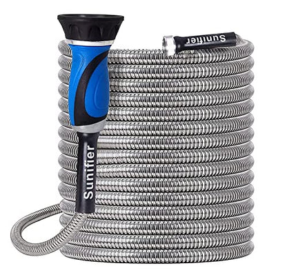 Metal Garden Hose 25 Ft Flexible Stainless Steel Garden Hose Lightweight, Heavy Duty Water Hose With High Pressure Hose Nozzle Sprayer for Garden, Lawn(25 FT) - size: 25 Feet