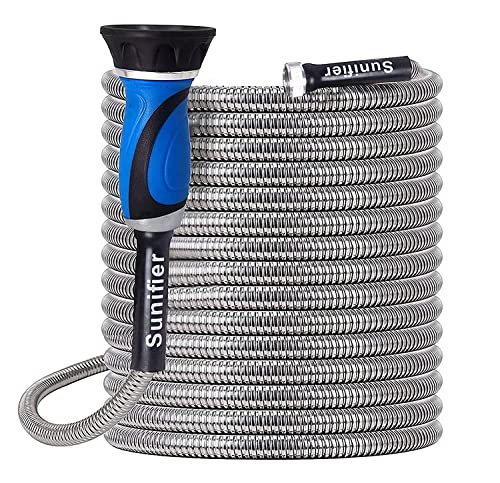 Metal Garden Hose 25 Ft Flexible Stainless Steel Garden Hose Lightweight, Heavy Duty Water Hose With High Pressure Hose Nozzle Sprayer for Garden, Lawn(25 FT) - size: 25 Feet