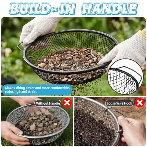 3PCS Soil Sifter 3,6,10mm Rock Sifting Screen with Shovel Gloves Black - size: Black-3PCS(1/8in,1/4in,3/8in)