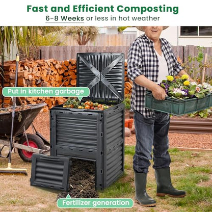 Outdoor Compost Bin, 80 Gallon Large Composting Box with Top Flip Latch-on Lid & Bottom Exit Door, Food Waste Container, Composter Barrel for Garden & Yard, Kitchen (All Black) - color: All Black