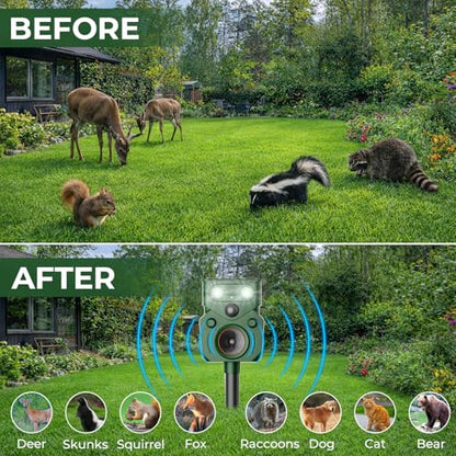 Solar Ultrasonic Animal Repellent Outdoor – Motion Activated, IP65 Waterproof, Designed to Discourage Unwanted Animals in Yard – Deer, Coyote, Cats, Squirrel, Raccoon with LED Flashing Lights