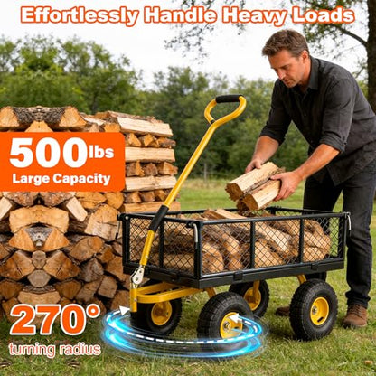 500 Lbs Heavy Duty Steel Garden Cart with Handle & 10" All Terrain Tires - color: Black Yellow, size: 500lbs