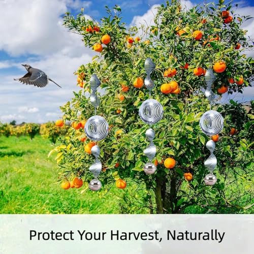 9 PCS Stainless Steel Bird Deterrent – 3D Wind Spinner with Bells, Visual & Sound Bird Scarer, Reflective Wind Chimes to Keep Woodpeckres, Pigeons, Crows Away, Garden Decor for Yard Patio Farm