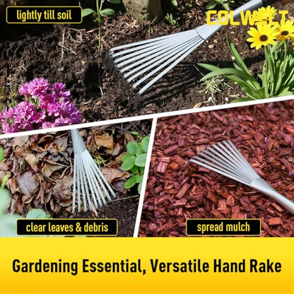 Colwelt Hand Rake 16.5", Small Rake for Gardening with 9 Resilient Flat Tines, Metal Mini Rake with Hanging Hole for Storage, Hand Fan Rake for Leaves, Loosening Soil, Spreading Mulch, Flower Beds