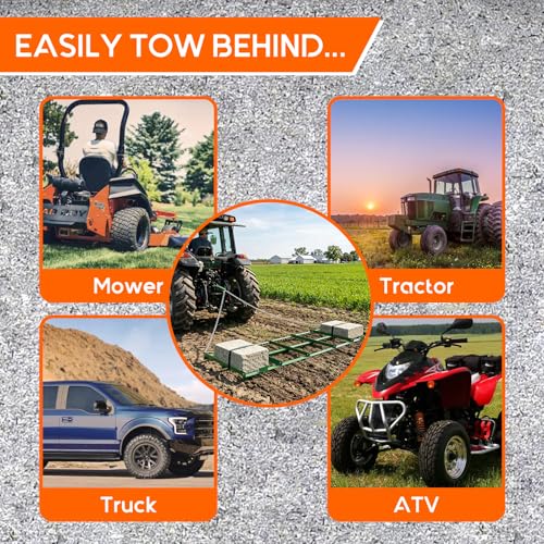 Drag Harrow, 6 ft Heavy Duty Tow Behind Drag Harrow w/ Tine Toothed Structure, Driveway Grader Landscape Rake for ATV, UTV, Tractor, Mower Tow Behind Yard Lawn Leveling Tool