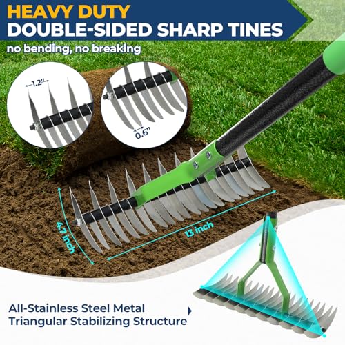 Garden Rake 51" – Dual-Sided Shrub Rake with 13" Sharp Metal Tines, Lightweight Multi-Purpose Yard Tool, Reversible Head for Lawn, Soil, Shrub, Mulch & Leaf Cleanup