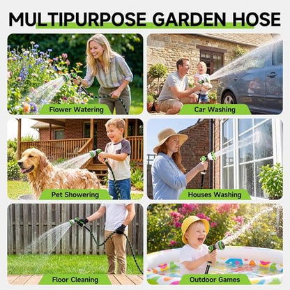 Garden Hose 100 ft Flexible Water Hose Non-Expanding Lightweight Kink-Free Hoses Durable Leak-Proof High Pressure Pipe with 3/4” Brass Fitting 10 Function Nozzle for Outdoor Yard Lawn Car Wash - size: 100FT