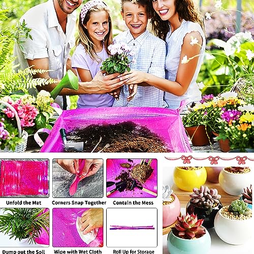 Kasepie Pink PVC Plant Repotting Mat, 19x27 Inch, Foldable Dirt Control Tray for Indoor Transplanting, Gardening Gift for Women and Men (Pink+Round dot) - color: Pink+round Dot
