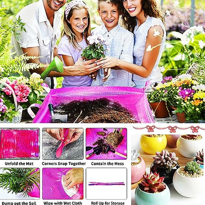 Kasepie Pink PVC Plant Repotting Mat, 19x27 Inch, Foldable Dirt Control Tray for Indoor Transplanting, Gardening Gift for Women and Men (Pink+Star) - color: Pink+star