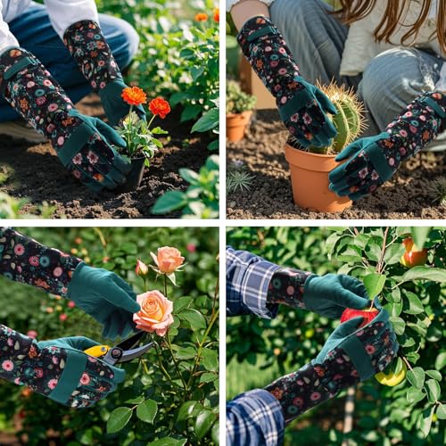 Gardening Gloves for Women, Long Garden Gloves with Grip, Thorn-Proof, Gift - color: Dark Green - Circle Flower