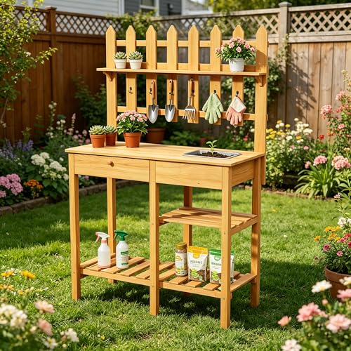 Outdoor Potting Bench, Wooden Potting Table with Built-in Sink