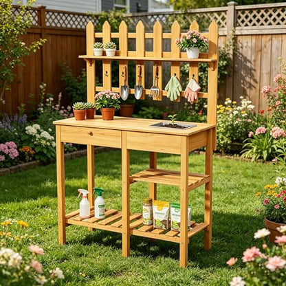 Outdoor Potting Bench, Wooden Potting Table with Built-in Sink