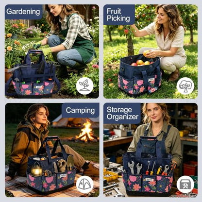 Hard Bottom Floral Garden Tool Tote Bag with Shoulder Strap - color: Blue Floral
