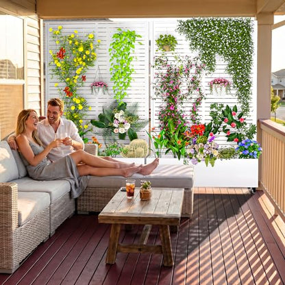 MTART Metal Planter Box with Trellis Outdoor, 72"x47"x16" Galvanized Raised Garden Bed with Privacy Screen & Drainage Holes & Lockable Casters for Climbing Plants, Vegetable, Vines (Louvered-White) - color: Louvered-white