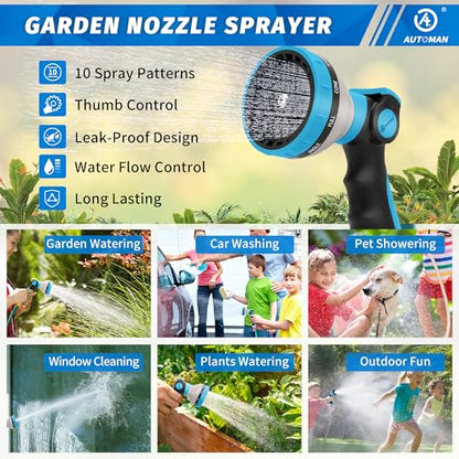 AUTOMAN Garden Hose Nozzle Sprayer - 10 Spray Patterns, 2 Pack Thumb Control Water Hose Nozzle Outdoor, Heavy Duty Spray Nozzles for Watering Garden, Cleaning Window, Washing Car, Showering Pets - color: Blue