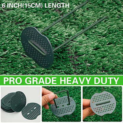 Bakulyor 50pcs Green Artificial Turf Stakes Staples + 50pcs Buffer Washer, 6 Inch 11 Gauge Landscape Staples, Galvanized Lawn Spikes, Heavy Duty Yard Ground Pin for Grass Weed Barrier Sod Fabric - color: Green