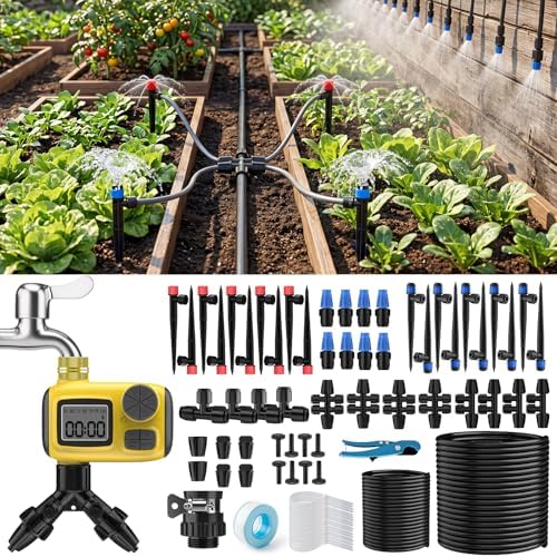 165FT Automatic Drip Irrigation System with Timer & Brass Connectors - DIY Garden Watering Kit for Raised Beds, Lawn & Greenhouse, 1/2" & 1/4" Blank Distribution Tubing - size: 11.61“ × 11.22” × 5.71“