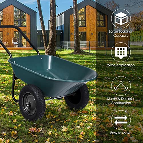 2-Wheeled Garden Wheelbarrow, Heavy Duty Garden Cart, Easy Loading and Dumping Utility Wagon for Outdoor Lawn Yard Farm Ranch, Green - color: Green