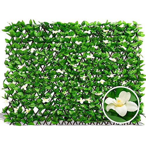 DOEWORKS Expandable Faux Ivy Trellis Fence, Patio Privacy Screen, 1 Pack - color: Green with White Flowers, size: 16 x 45 in, 1 Panel