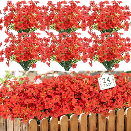 24 Bundles Artificial Flowers for Outdoors UV Resistant Faux Plants, Red - color: Red, size: 24 PCS