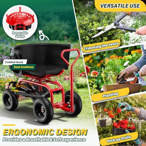 Garden Seat with Wheels, Rolling Garden Stool with Adjustable 360°Swivel Seat - color: Red